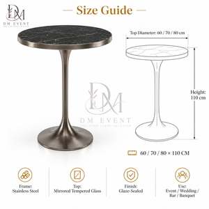 Round Cocktail <b>Table</b> for Commercial Bars with Black Stainless Steel Slim Pedestal Base and <b>Mirrored</b> Tempered Glass Top - Product Image 5