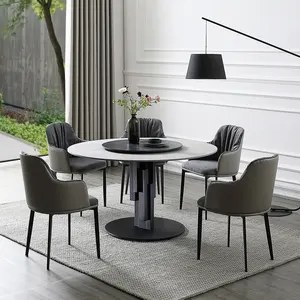 Итальянский круглый обеденный стол с кожаными стульями, круглый обеденный стол с мраморной столешницей, круглый вращающийся обеденный стол Susan