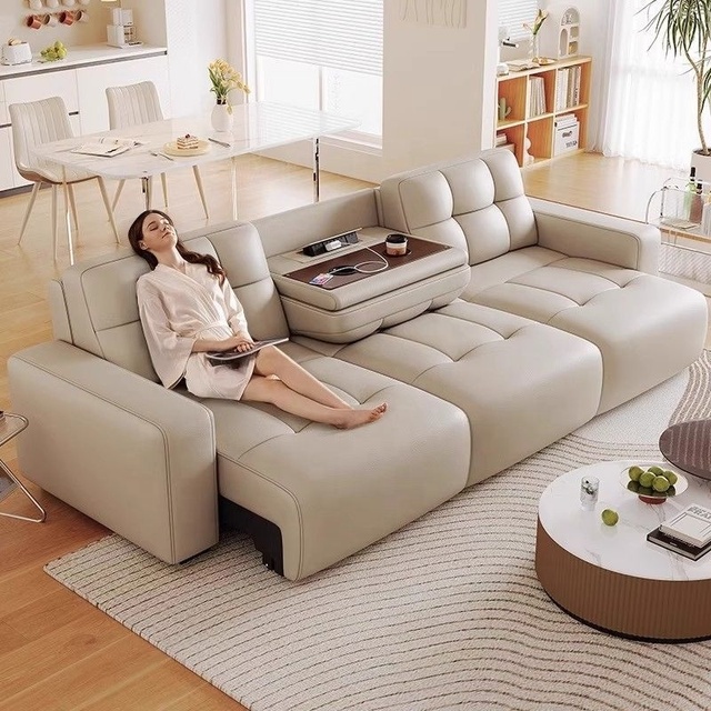 Electric Reclining Leather Sectional Sofa With USB Charging and Cup Holders Modern 3 Seater Lazy Sofa Living Room Home Furniture