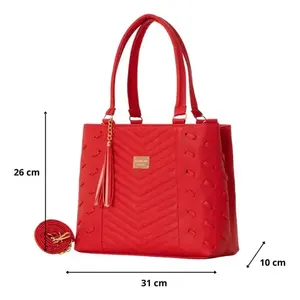 Sac à main en cuir véritable pour femme Fana Cristina, rouge, forme demi-lune, décoré de pompons, fermeture ouverte, deux poignées, style élégant - Product Image 2