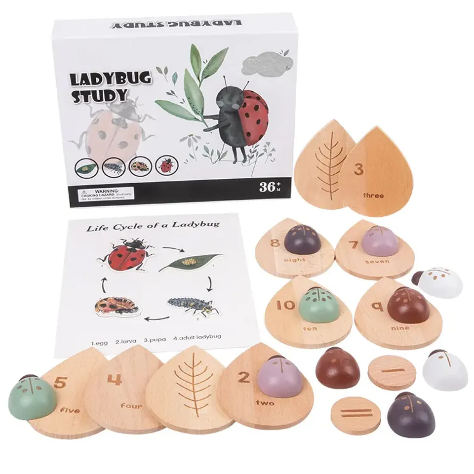 사용자 정의 로고 무당 벌레 수명주기 나무 퍼즐 키즈 몬테소리 아기 나무 수학 학습 교육 장난감