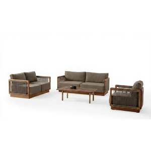 Modern <b>Outdoor</b> Dining Room Set Wood Frame Cushioned <b>Sofa</b> Table 5-Piece Solid Back Patio Villa Courtyard Furniture - Product Image 1