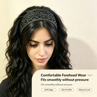 Bandeau Hijab Femme Noir Géométrique en Nylon Sablé Mat, Élégant, Durable, de Haute Qualité, Creux, pour le Front, pour Mariage et Tenue Musulmane