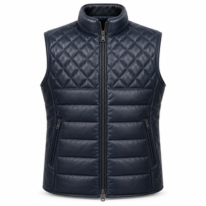 Gilets en cuir matelassés et isolés pour hommes, respirants, avec garniture en fourrure |   Gris Noir Bourgogne Marron Bleu |   Fabricant OEM ODM | - Product Image 1