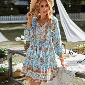 Gaun pantai Bohemian gaun kasual motif bunga wanita, gaun Vestidos motif bunga katun Vintage musim panas untuk wanita