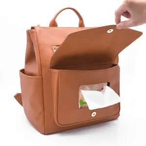 Custom Women Mummy Nappy Organizer Brown Faux Pu Vegan Leather Baby Diaper Bags Backpack For Mother