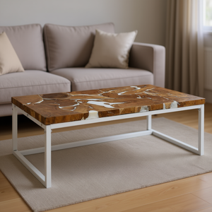 Mesa de Centro de Madera de Teca Blanca con Estructura Metálica, Mueble Moderno para Sala de Estar, Diseño Duradero - Product Image 2