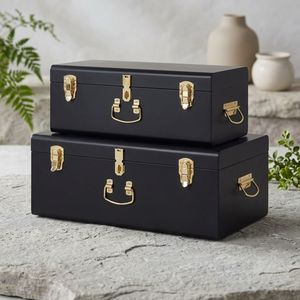 Ensemble de 2 coffres de rangement carrés en fer industriel de qualité supérieure, noirs, empilables, avec fermoirs en laiton - Product Image 1