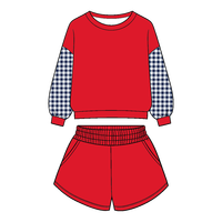 Ensemble personnalisé pour bébé fille : sweat-shirt à manches longues en polyester peigné à carreaux et short à taille élastique