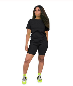 High Quality Women's Casual Solid Two-Piece Outfit Spandex/Polyester <b>Short</b> <b>Sleeves</b> Spandex <b>Shorts</b> Set XXL Size O-Neck Collar - Product Image 2