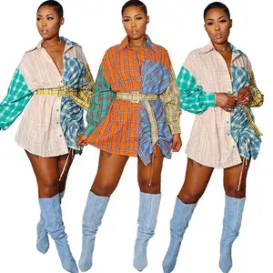 Neue trend ige Frauen Bluse Revers Bandage Spleißen Farbe Gitter lange Strickjacke Hemd Kleider