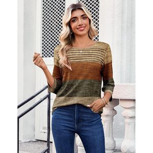 FOXA Blouse à manches 3/4 pour femme, tricotée, plissée sur le devant, haut décontracté, à porter au quotidien - Product Image 4