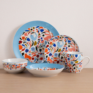 Service de table en céramique 20 pièces, motif chat de dessin animé et floral, assiettes et bols colorés pour la maison, restaurant, vente en gros, logo personnalisé - Product Image 1