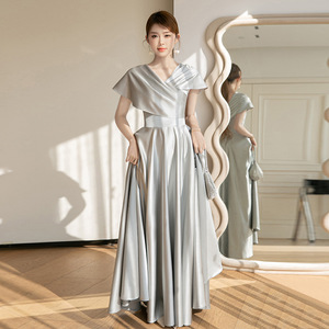 Grey Bridesmaid Dress Satin A-Line Sweetheart Neckline Natural Waist Wedding Evening Gown - Product Image 5