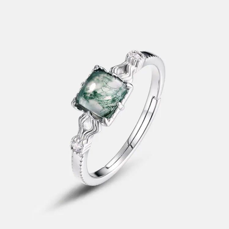 925 anello di gemma naturale regolabile in agata di muschio in argento Sterling verde