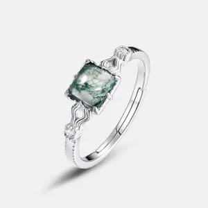 925 Solid Sterling Silver Green Moss Adjustable Natural Gemstone Ring Moss Agate Adjustable Wedding Ring
