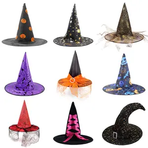 万圣节帽子女巫派对装饰弧形牛角网南瓜印花巫师女巫帽子黑色尖女巫帽子