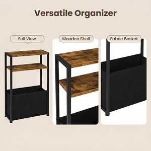 Bathroom Storage Rack Double Layer <b>Walnut</b> Color Metal Frame Freestanding <b>Shelf</b> With Drawer For Towels And Toiletries - Product Image 3