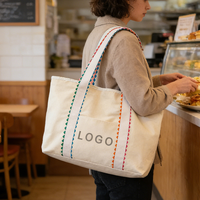 Sac fourre-tout tendance en toile légère avec bordure en ruban arc-en-ciel, poche zippée, réutilisable et écologique pour étudiants et école