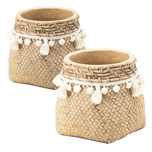 Juego de 2 macetas de cemento marrón de 6.5x6.5x6 con borlas tejidas para uso en interiores y exteriores - Product Image 2