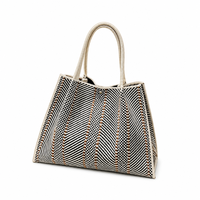 Sac fourre-tout en polyester tricoté, texture tissée à rayures avec côtés à soufflets extensibles, pour pique-nique, marché des agriculteurs, courses quotidiennes