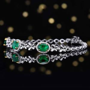 <b>Solid</b> 18K <b>Gold</b> Natural Emerald <b>Bracelet</b> 3 Oval Emeralds & 0.2ct Diamonds Evening Gala Fine Jewelry for women - Product Image 3
