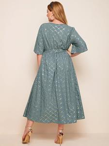 New Arrived Golden Line Lattice <strong>Blue</strong> Color Waist Belt Plus Size Women's Long Casual <strong>Dresses</strong> - Product Image 5
