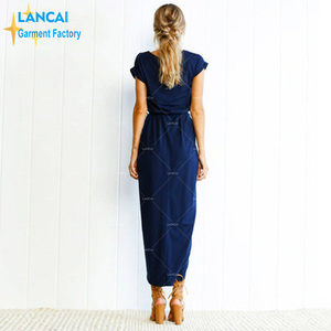 Abito estivo da donna di alta qualità a maniche corte <span class=keywords><strong>con</strong></span> <span class=keywords><strong>spacco</strong></span> anteriore Casual a vita alta vestito avvolgente <span class=keywords><strong>con</strong></span> cintura elegante moda donna - Product Image 3