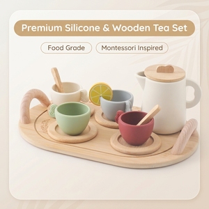 Ensemble de thé de l'après-midi Montessori en silicone et bois, jouet de <span class=keywords><strong>cuisine</strong></span> d'imitation pour tout-petits, jouet sensoriel de dentition de qualité alimentaire, vente en gros - Product Image 1