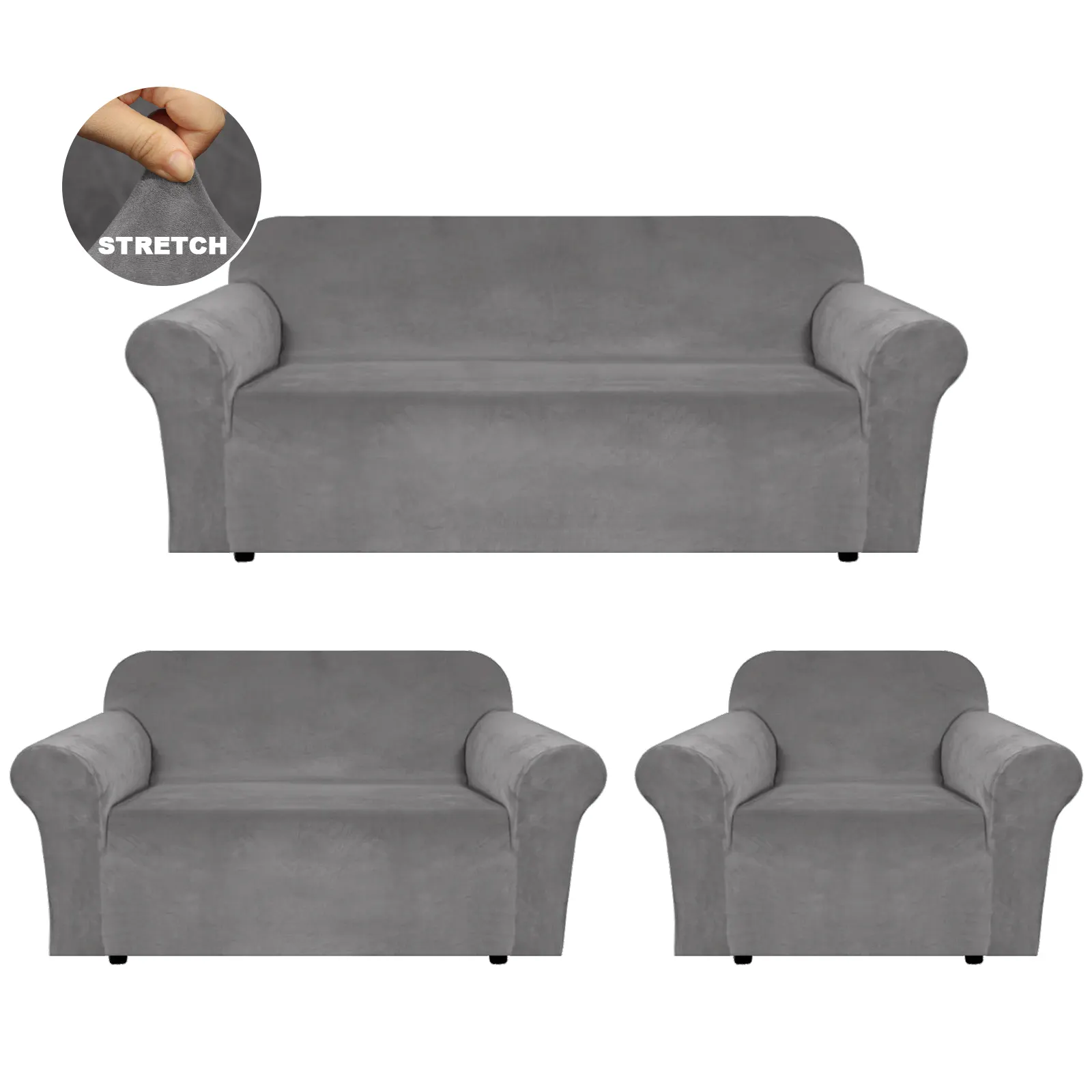 Housse extensible pour canapé et fauteuil, pour 2 places, en velours, couleur grise, de style moderne, pour salon, compatible avec canapé d'angle