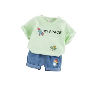 Cool New Casual Cartoon Rocket T Shirt Kids Fashion Denim Shorts Set Cloths For Boys
