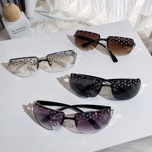 Y2K Punk Frameless Rhinestone <b>Sunglasses</b> Black UV400 PC Lens Women's Fashion Sunshades Type 3 Protection - Product Image 3