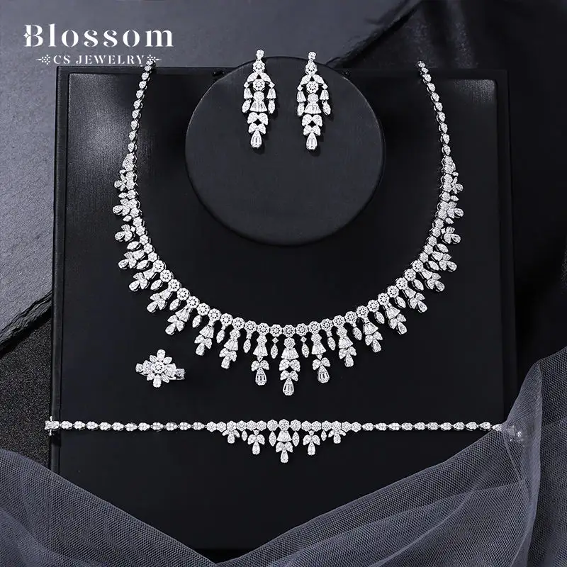 New Fashion Ladies 4 Pieces Bridal Wedding Zirconia Full Jewellery Set Uae Silver 925 Cz Arab Jewelry Set Women