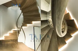 Luxury Hotel Indoor Staircase Tempered Glass Railing Modern Design Spiral Solid Wood Stairs Curve Staircase