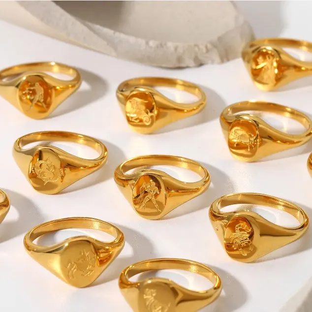 Gegraveerde Ster Teken Ring Astrologie Symbool Signet Zodiac Teken Ring Horoscoop Sieraden Roestvrij Staal Aanslag Gratis 18K Goud