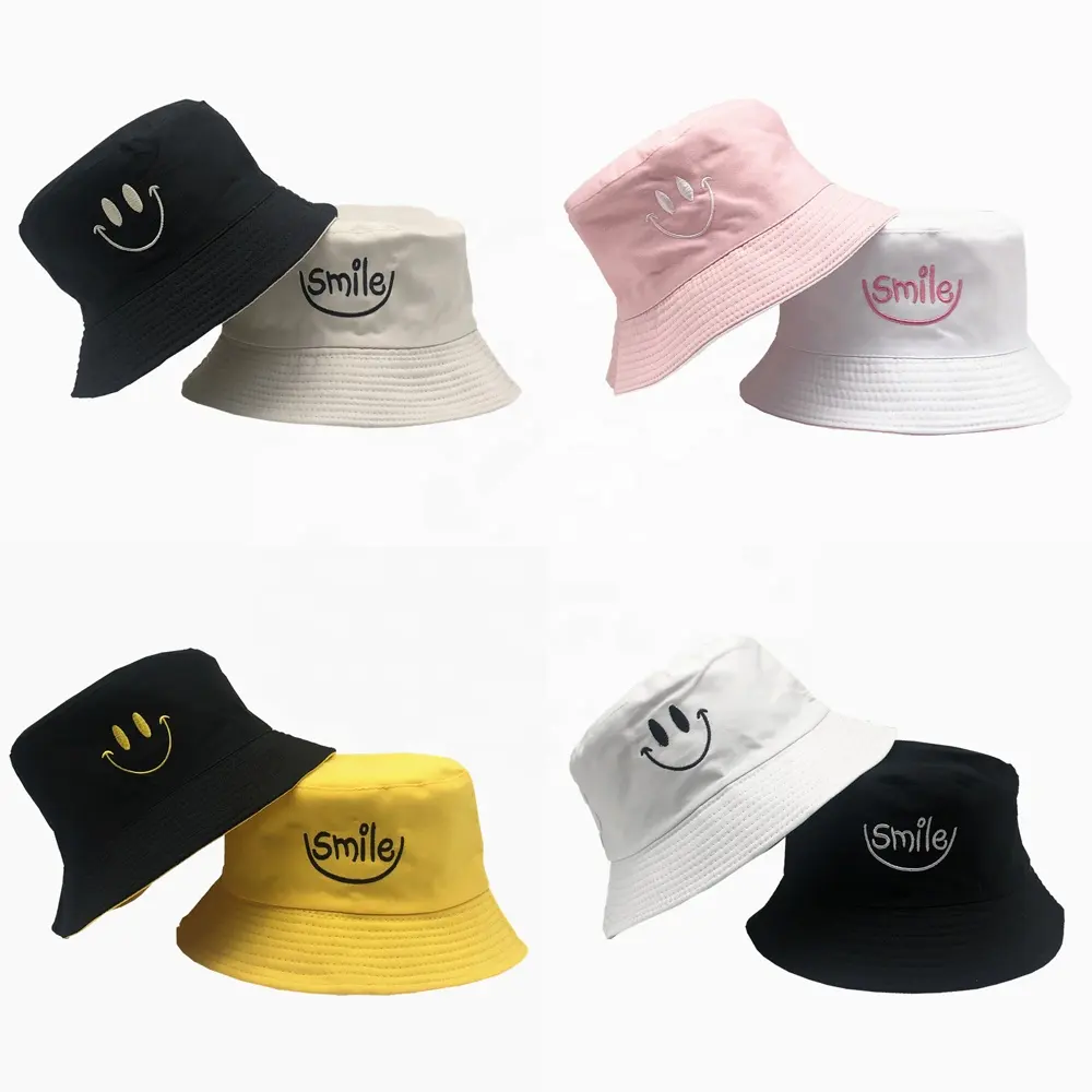 Custom Your Own Logo Smiling Face Double-sided Cheap Fisherman Hat Outdoor Ladies Summer Sunshade Bucket Hat