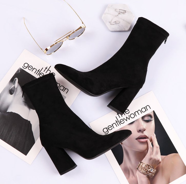 Женские кожаные сапоги, Новые осенне-зимние короткие сапоги на среднем толстом каблуке с острым носком, женские сапоги на высоком каблуке