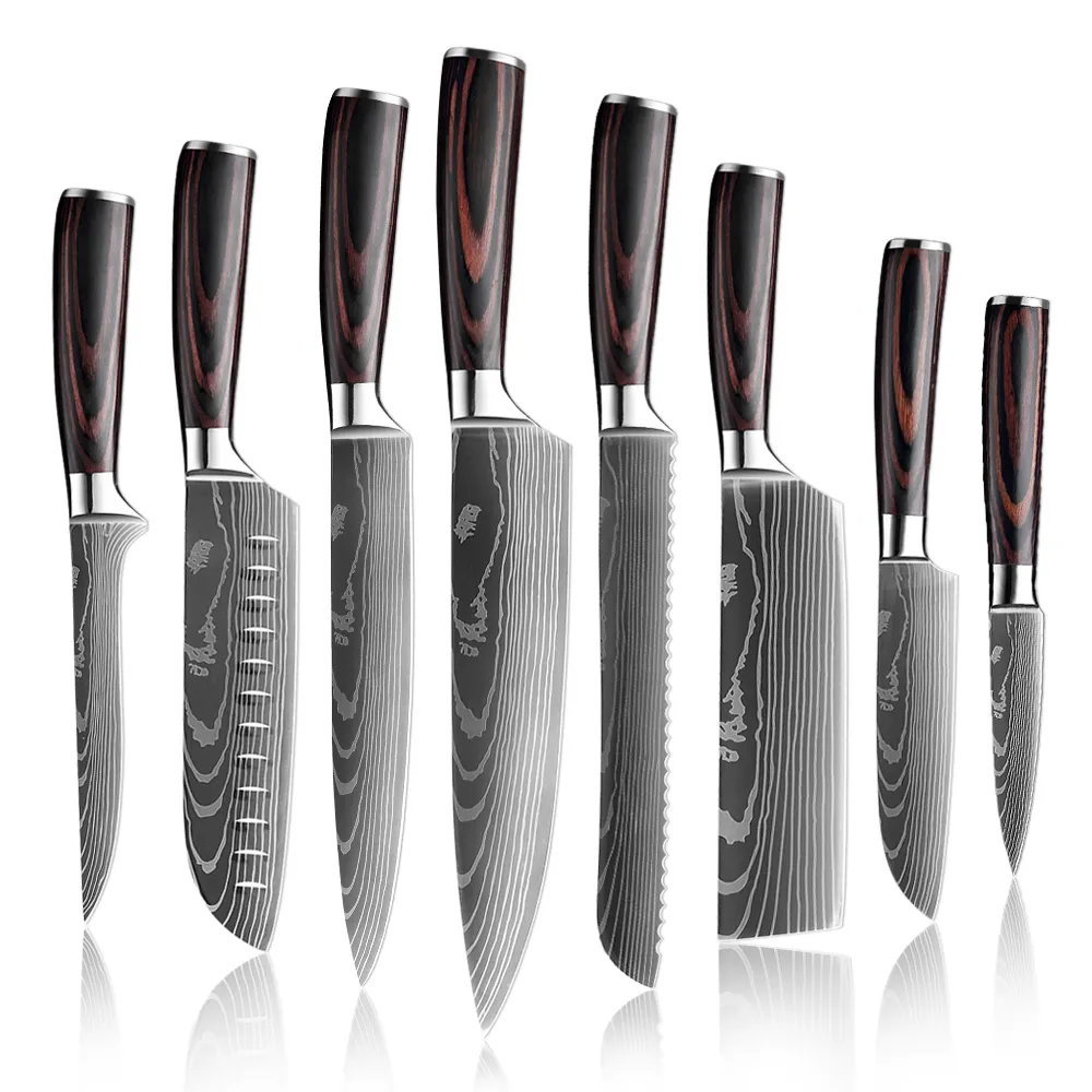 8 PCS Kitchen Knife Set Stainless Steel Blades Damascus Laser Chef Knife Sets Santoku Utility Paring Cooking ToolsキッチンGifts