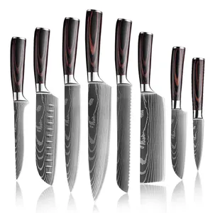 8 PCS रसोई के चाकू सेट स्टेनलेस स्टील ब्लेड दमिश्क लेजर महाराज चाकू सेट Santoku उपयोगिता कतरन खाना पकाने उपकरण रसोई उपहार