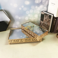 Support de gâteau carré de style européen ornement de table à dessert de mariage avec miroir plateau d'art en métal et fer accessoires de mariage