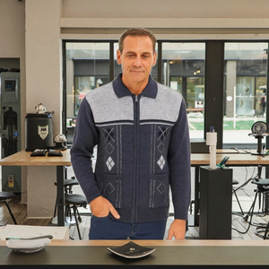 Cardigan tricoté d'hiver géométrique pour homme avec col en tricot épais et poches avant en polyester/coton - Product Image 3
