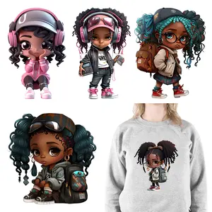 Hip Hop Afro School Girls Iron On Printing Cartoon Dreadlock Black Girls DTF Transfers Stickers Ready To Press For T-shirts