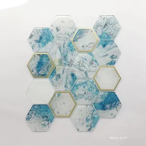Modern kristal putih heksagon Inlay emas logam tepi biru pola ubin kaca mosaik ubin untuk dekorasi dinding