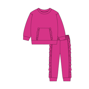Vente en Gros de Vêtements pour Enfants Filles de Haute Qualité Imprimé Printemps Rouge Violet Mignon Décontracté à Manches Longues Haut Pantalon à Volants Tenue Polyester - Product Image 1