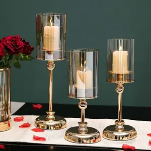 装饰婚宴摆件金色金属玻璃烛台茶灯奢华金柱水晶锥形烛台