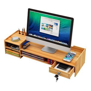 Computadora de escritorio de bambú <span class=keywords><strong>Monitor</strong></span> elevador con escritorio organizador de almacenamiento y cajón con cerradura - Product Image 1