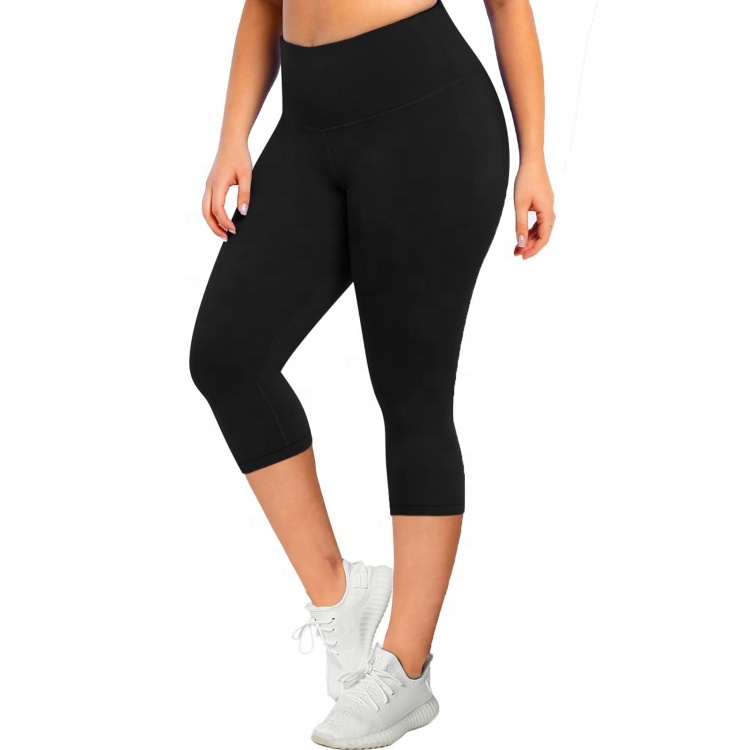 Lanyu Customized Plus Size 7/8 High-Waisted Gym Tights Solid Boot Cut Yoga Pants Pockets Butt Lift Capri Leggings for Women