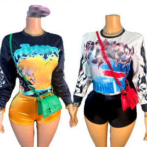 Peeqi 女式夏季环保棉质氨纶街头服饰图案印花套头衫长袖上衣和短裤 <span class=keywords><strong>2</strong></span> 件套休闲套装 - Product Image 3