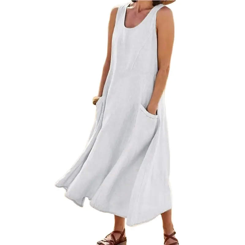2024 Summer Europe and the United States foreign trade pockets sleeveless round neck women's cotton linen dresses