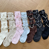 Chaussettes mi-mollet rétro pour femme, en maille de coton respirante, faites à la main, fines et amincissantes, avec nœud et chaîne de perles